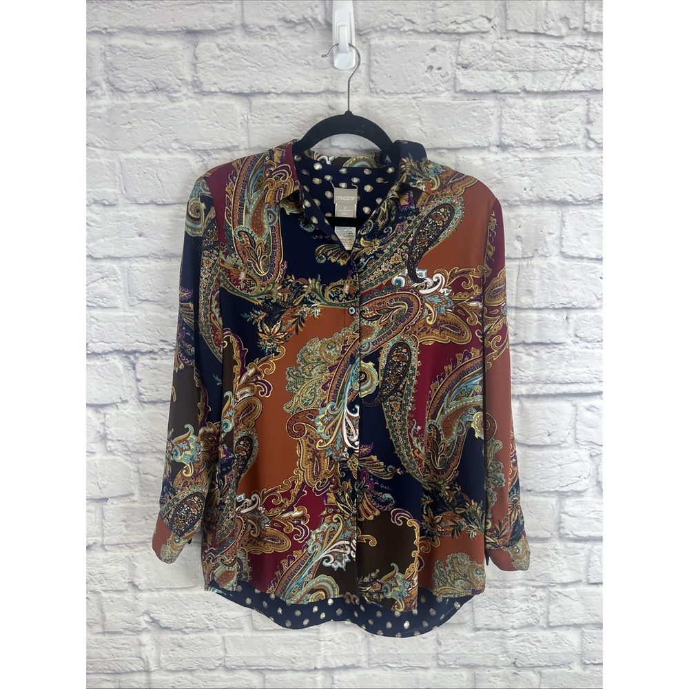 Chico's Reversible Button Down Whimsigoth Boho Blouse Chic Size 1P (US 8/10P)